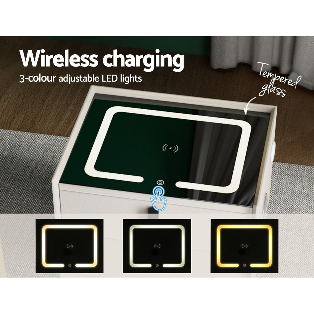 Smart Bedside Table With Two Drawers with Wireless Charging Ports LED White AIKA