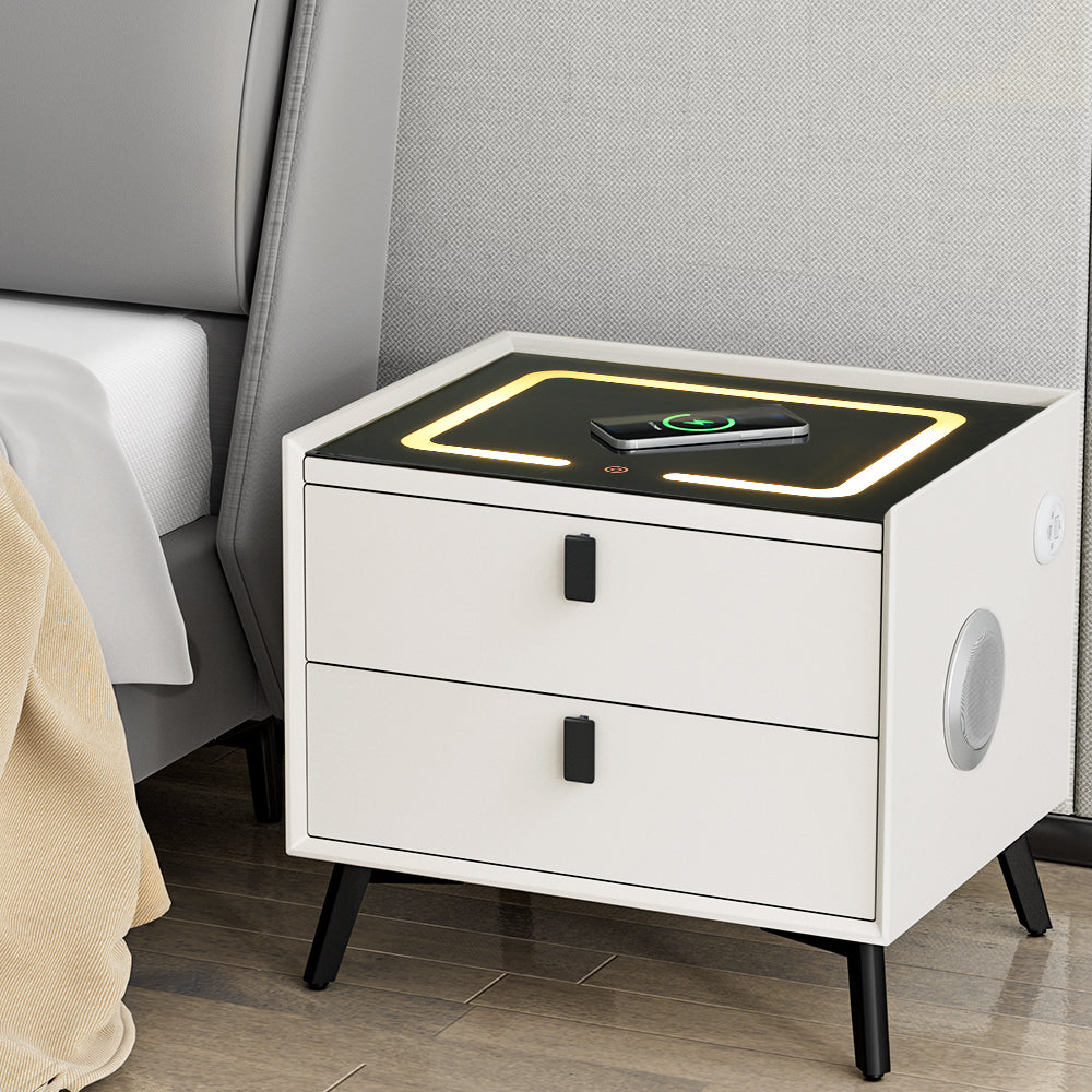 Smart Bedside Table With Two Drawers with Wireless Charging Ports LED White AIKA