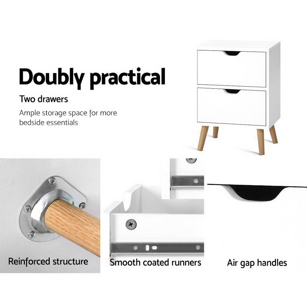 Scandi-Inspired Two Drawer Bedside Table in White