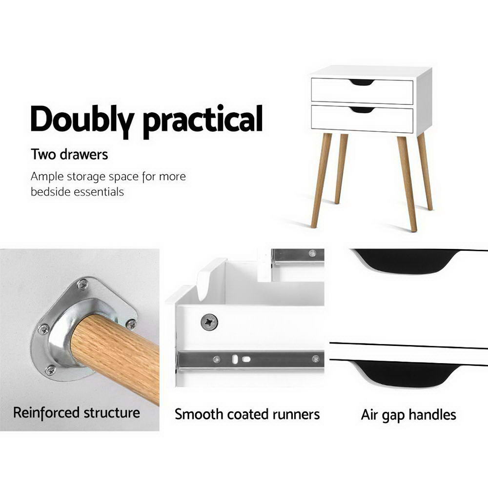 Scandi-Inspired Two Drawer Bedside Table - White