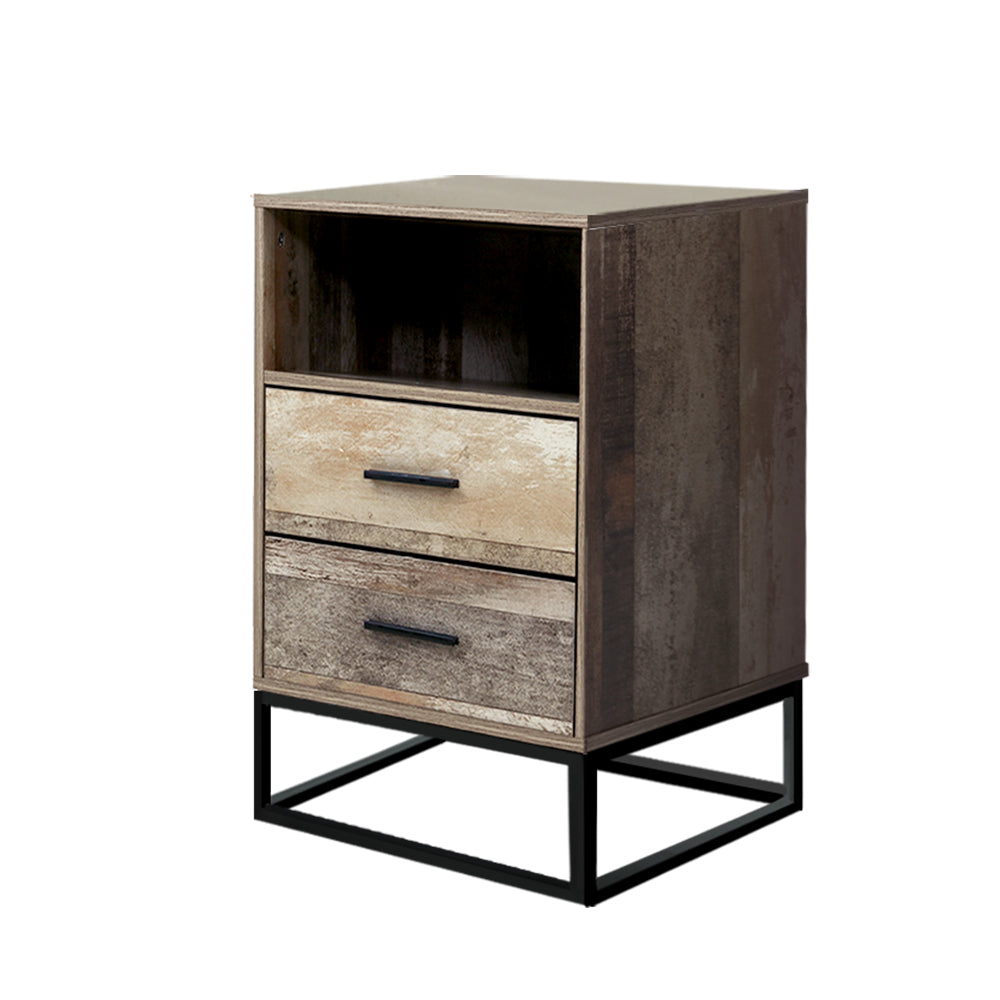 'Distressed' Wooden Bedside Table With Two Drawers and Shelf