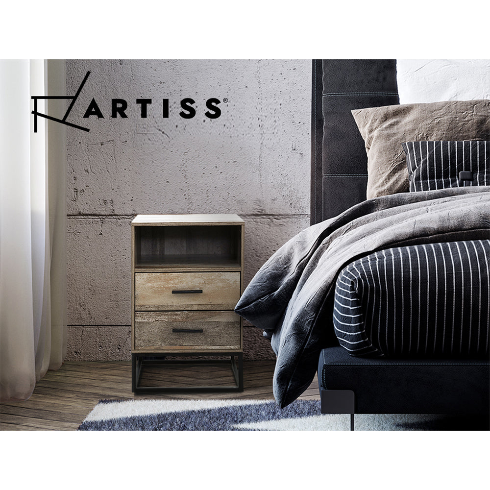 'Distressed' Wooden Bedside Table With Two Drawers and Shelf