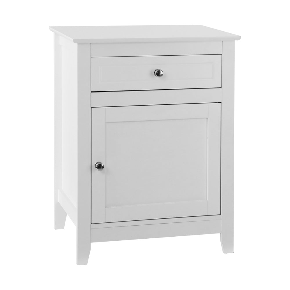 Classic Bedside Table With Small Cupboard & Storage Drawer - White