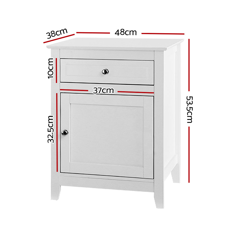 Classic Bedside Table With Small Cupboard & Storage Drawer - White