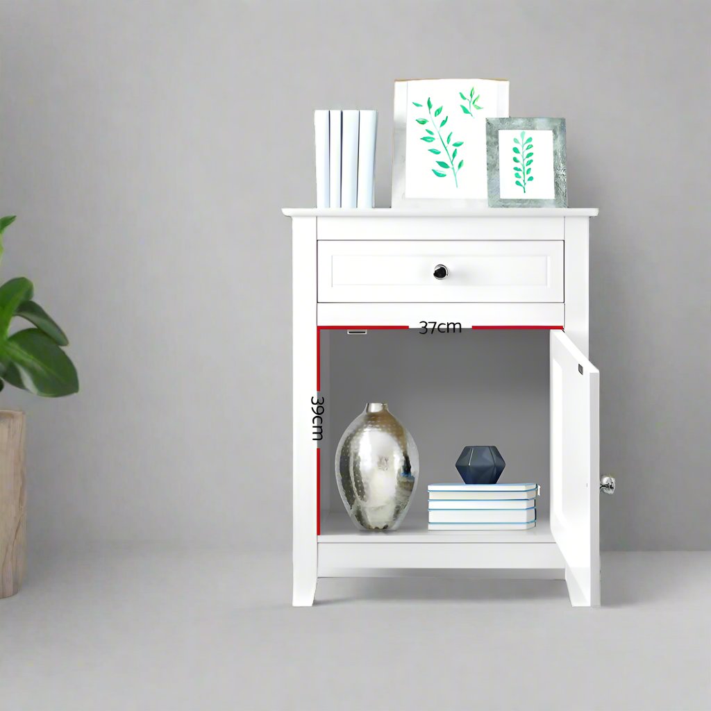 Classic Bedside Table With Small Cupboard & Storage Drawer - White