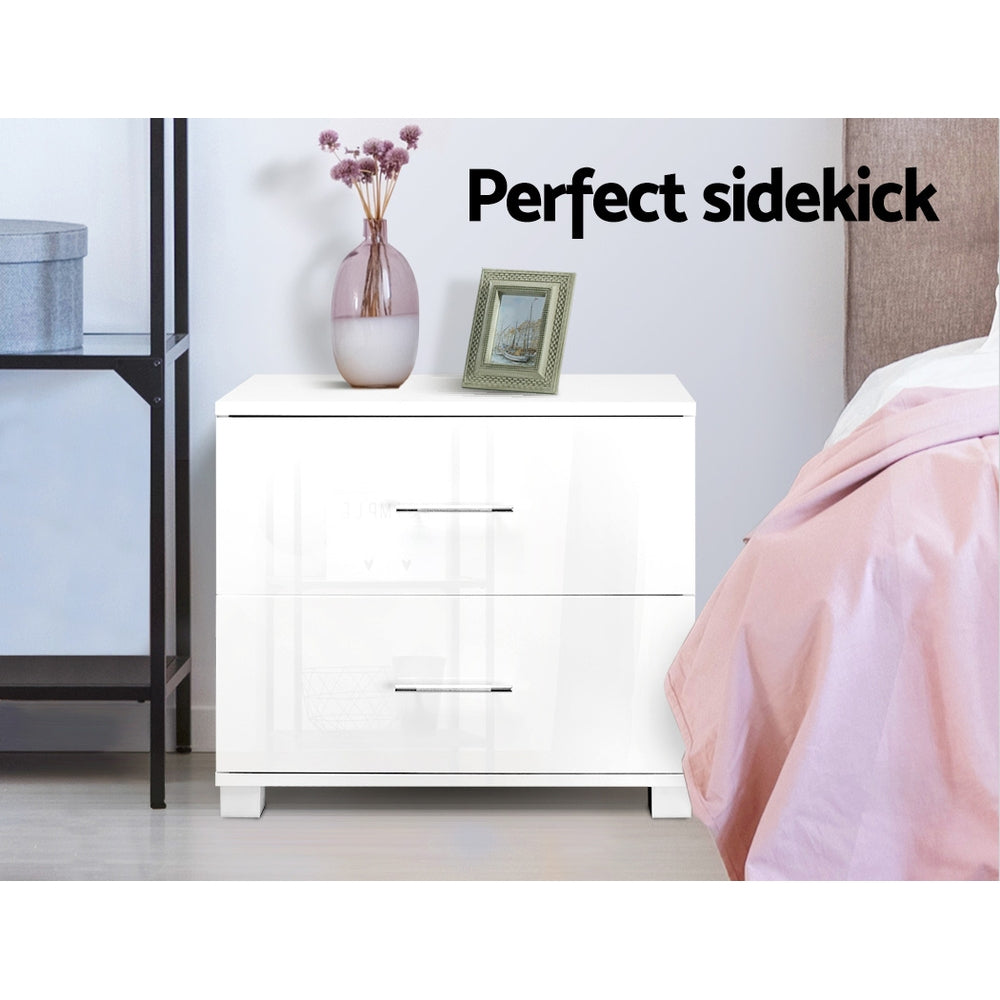 High Gloss Two Drawer Bedside Table - White