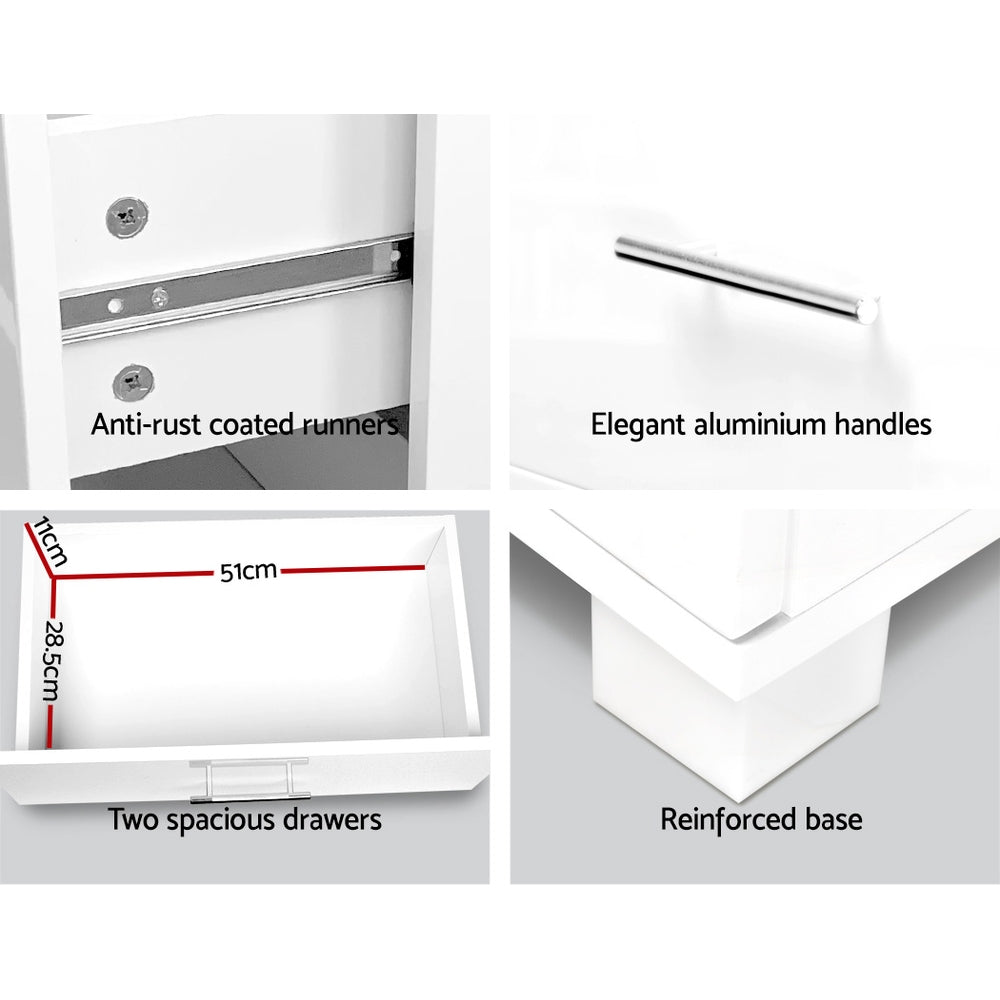 High Gloss Two Drawer Bedside Table - White