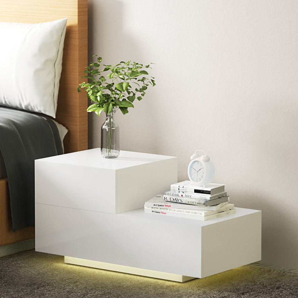 Bedside Table With LED Lighting and Two Drawers - White
