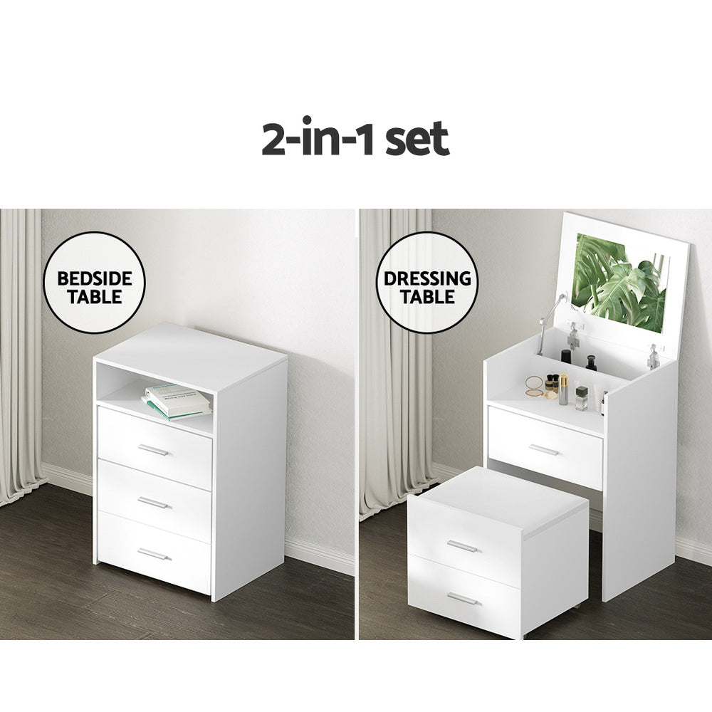 Dressing Table Bedside Tables 2-in-1 Set Hidden Makeup Mirror Storage Drawers