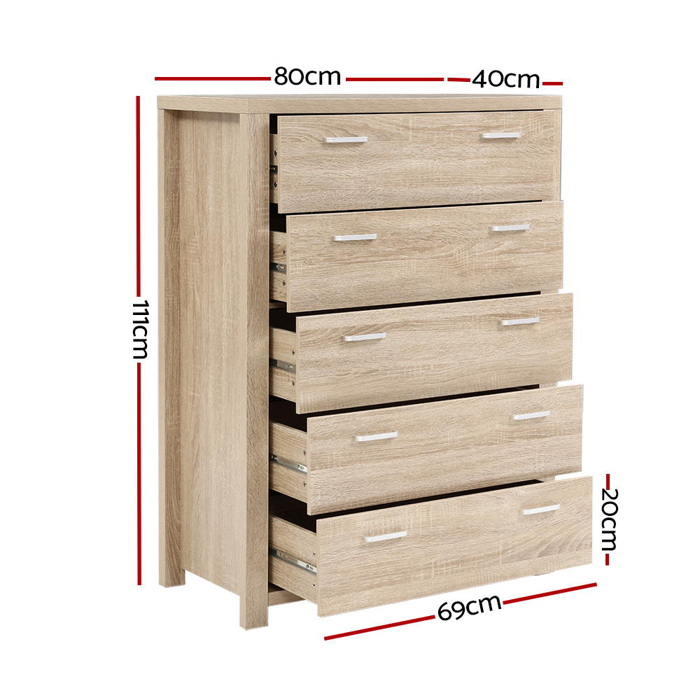 Tallboy With Five Drawers - Natural Wood Finish