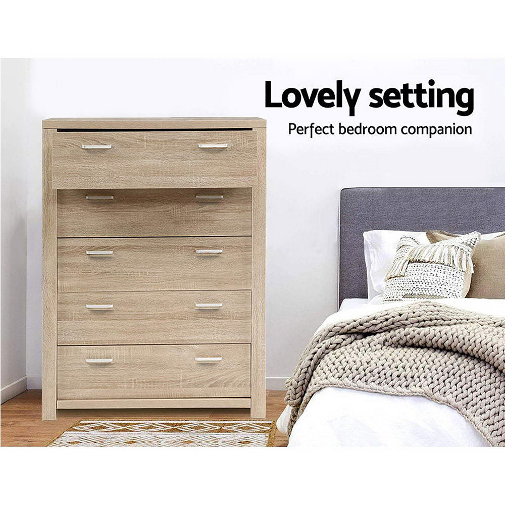 Tallboy With Five Drawers - Natural Wood Finish