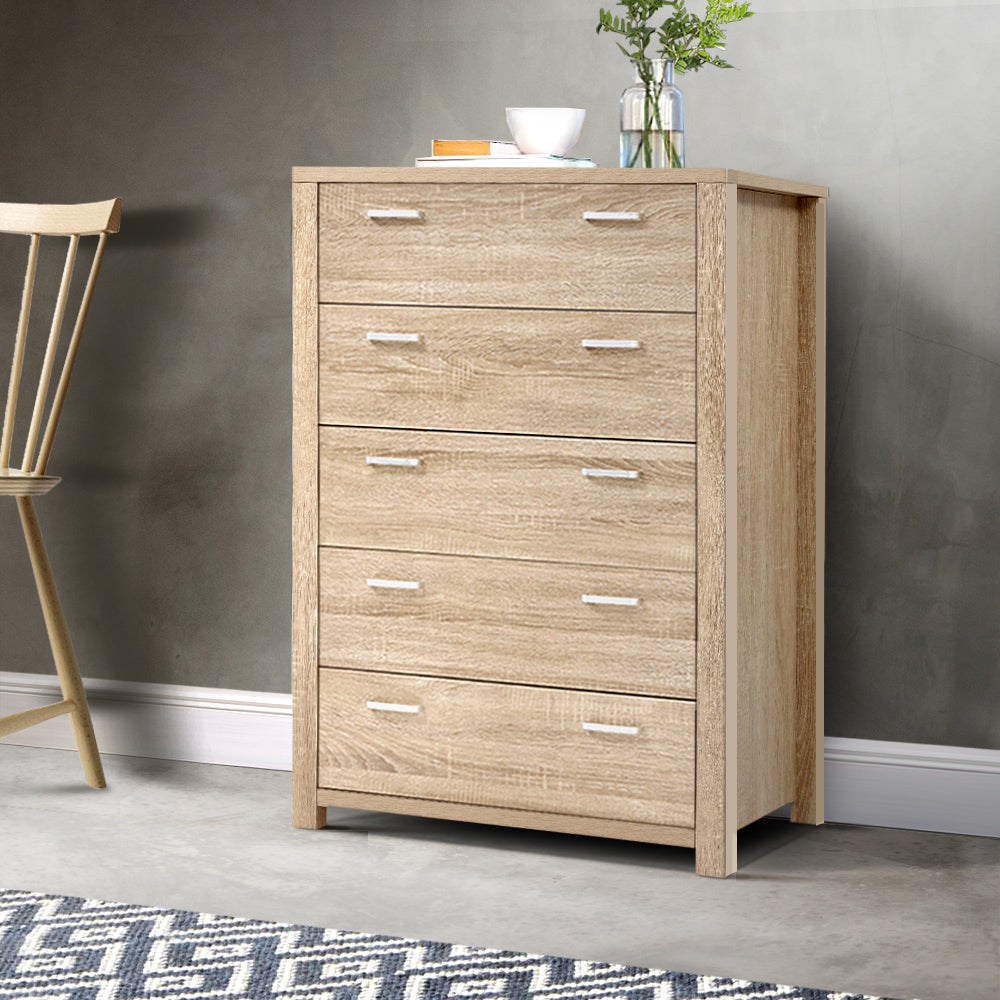 Back In Stock! Tallboy With Five Drawers - Natural Wood Finish