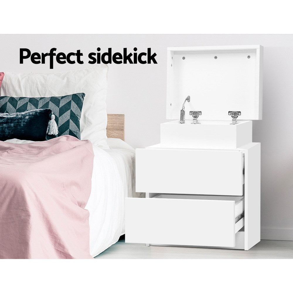 Bedside Table Two Drawers - White