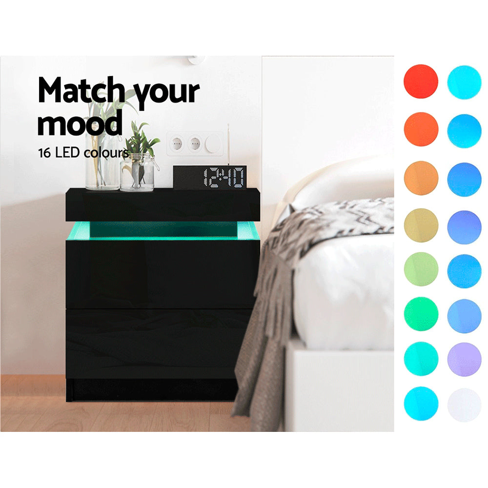 Back in Stock! Bedside Tables Side Table Drawers RGB LED High Gloss Nightstand Black