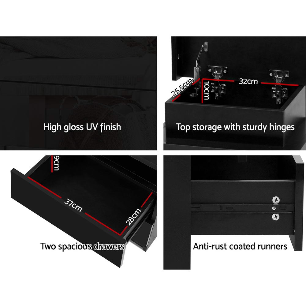 Back in Stock! Bedside Tables Side Table Drawers RGB LED High Gloss Nightstand Black