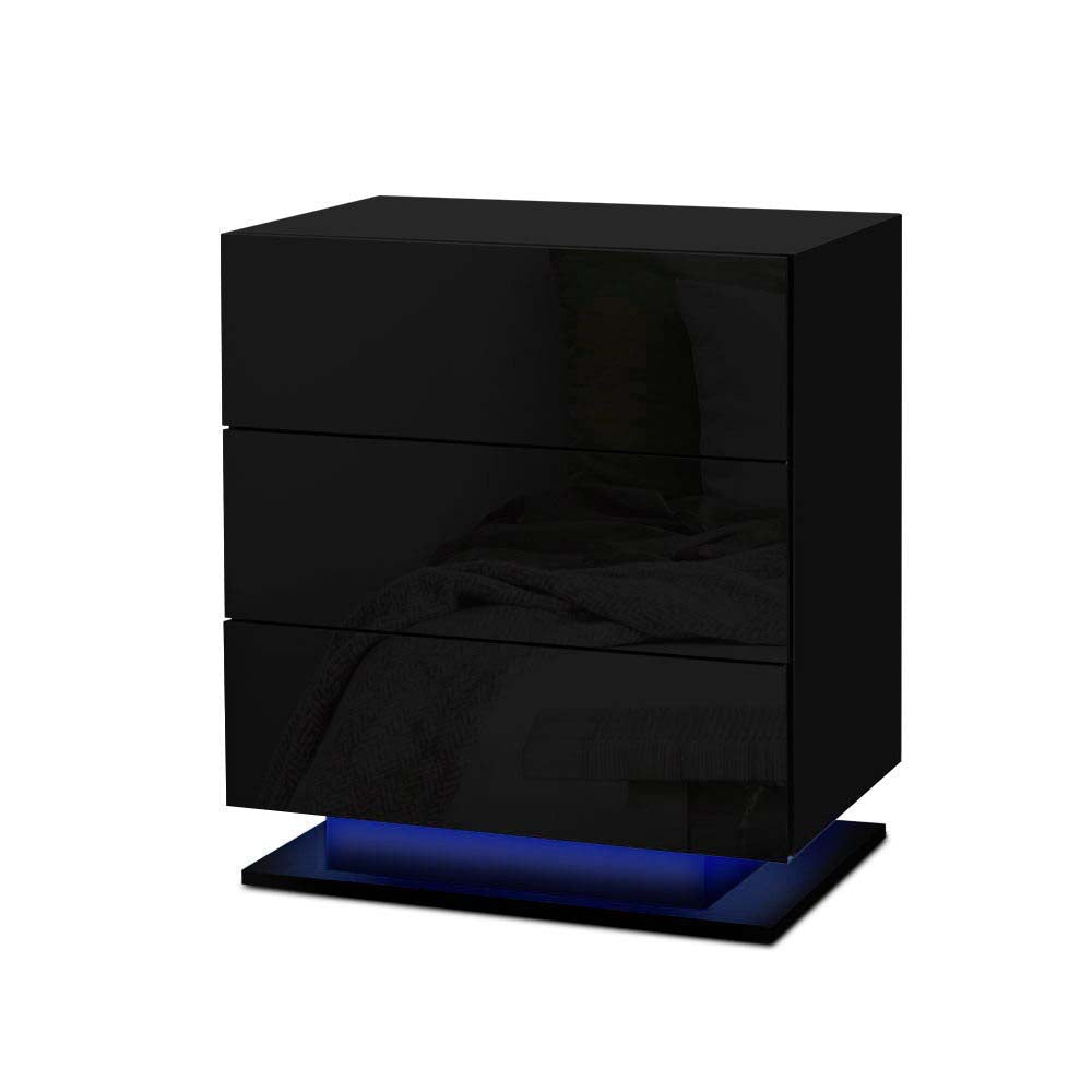 Bedside Table With RGB LED Lamp 3 Drawers Gloss Black