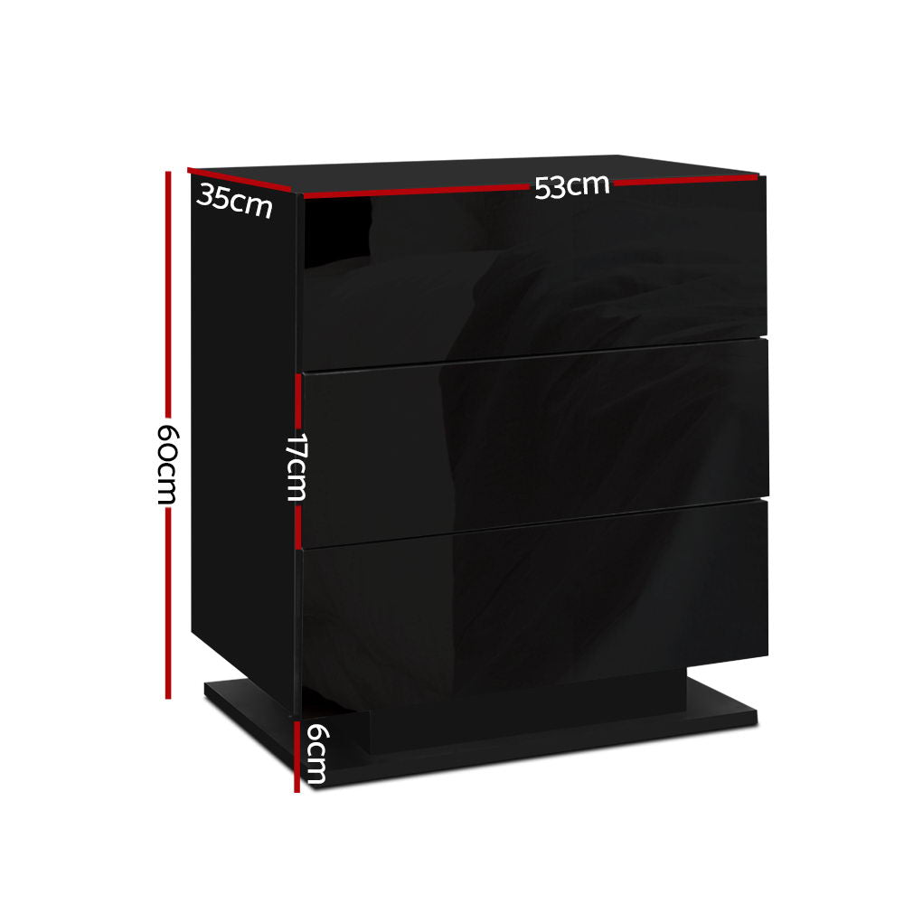 Bedside Table With RGB LED Lamp 3 Drawers Gloss Black