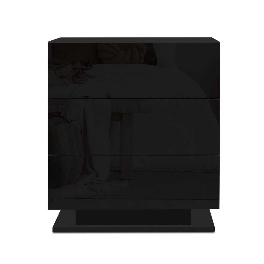 Bedside Table With RGB LED Lamp 3 Drawers Gloss Black