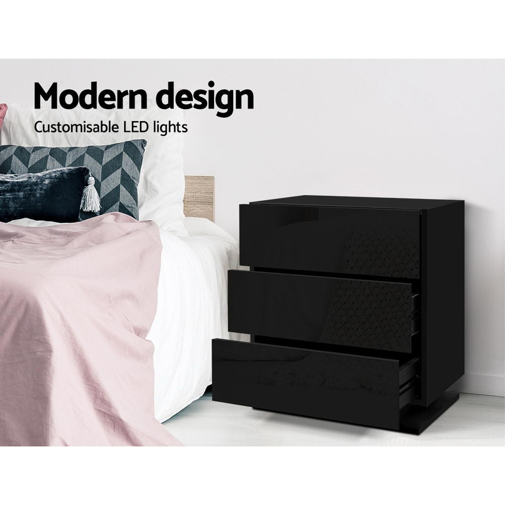 Bedside Table With RGB LED Lamp 3 Drawers Gloss Black