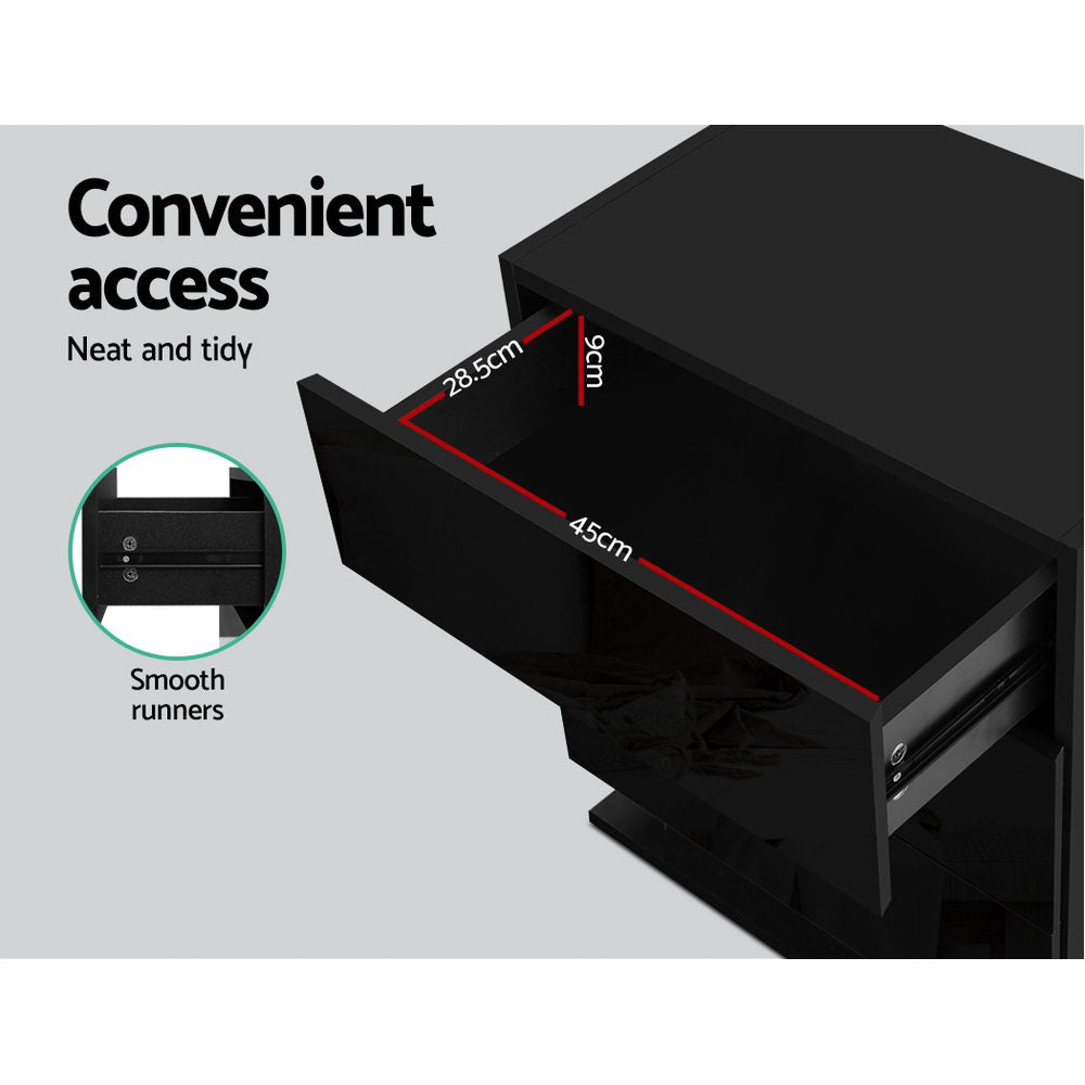 Bedside Table With RGB LED Lamp 3 Drawers Gloss Black