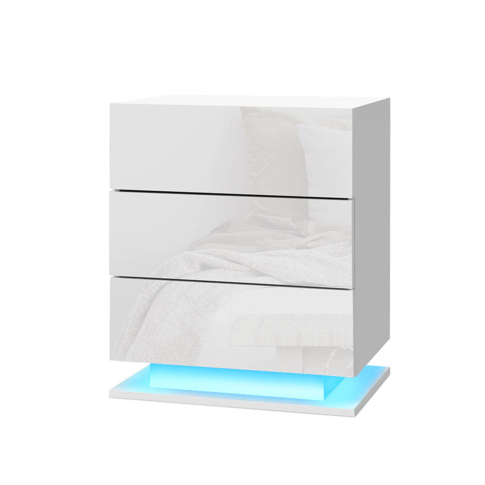 Bedside Table With RGB LED Lights, Three Drawers - Gloss White
