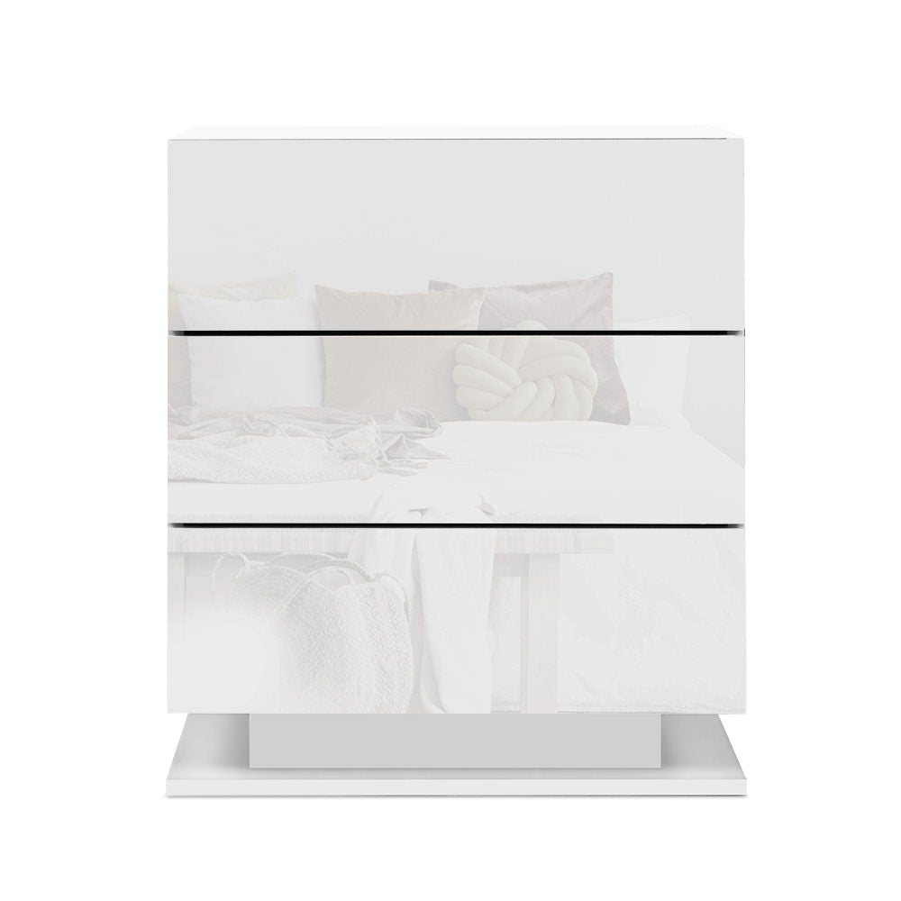 Bedside Table With RGB LED Lights, Three Drawers - Gloss White