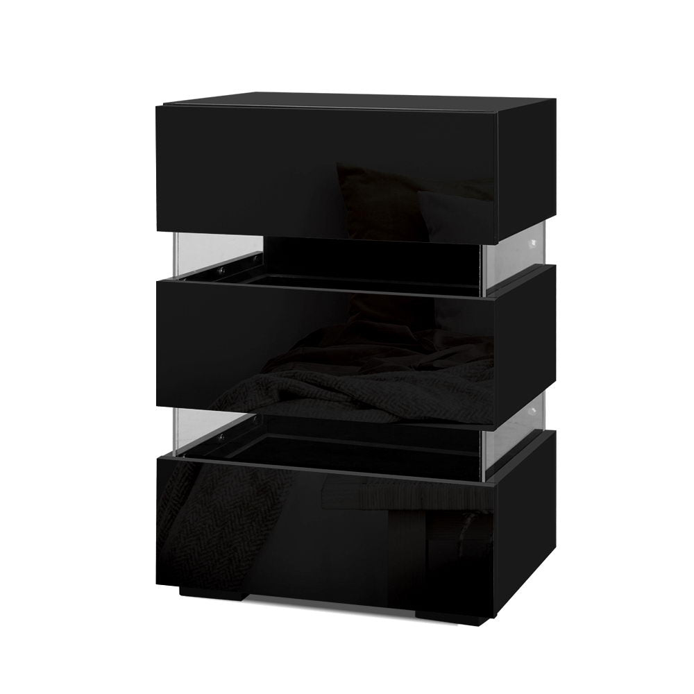 Back In Stock! Bedside Table LED 3 Drawers - LUMI Black