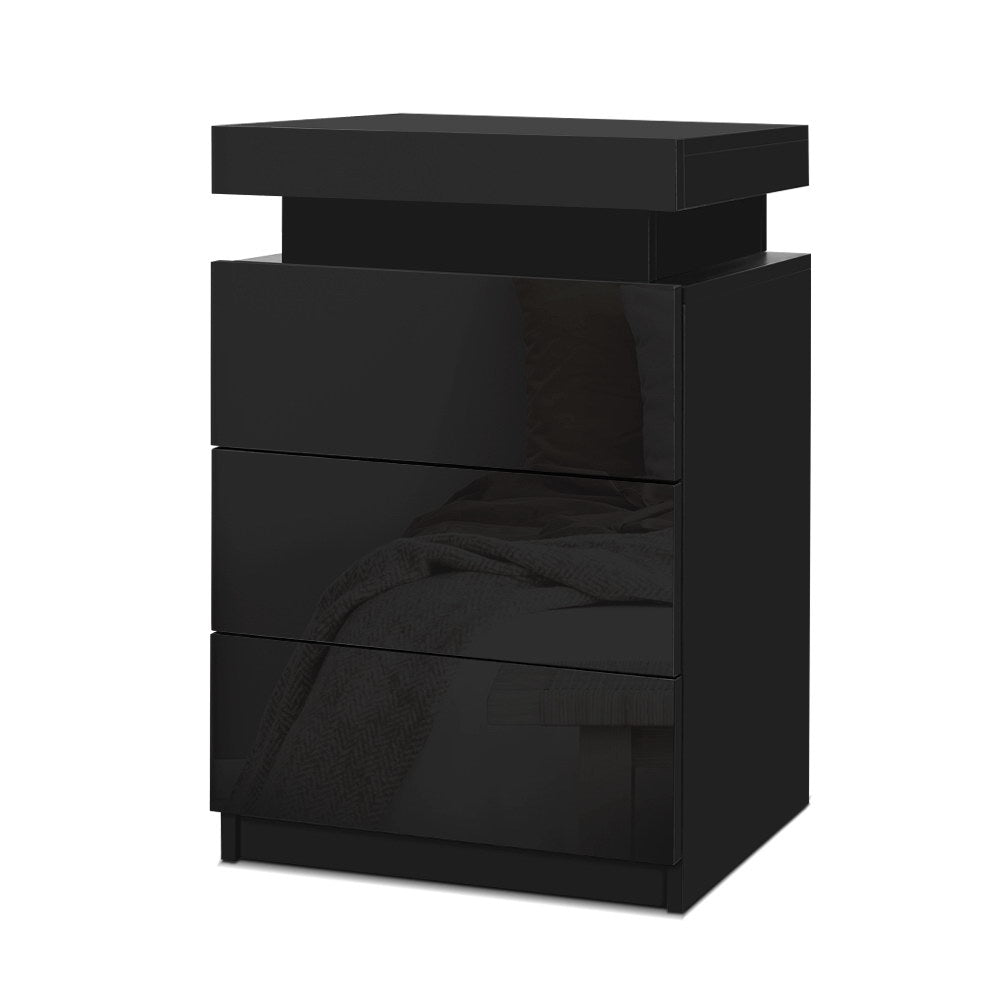 Bedside Table Three Drawers RGB LED High Gloss Black