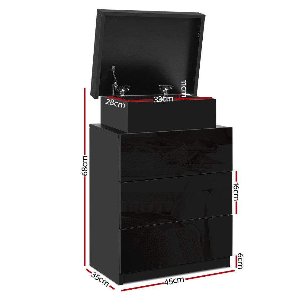 Bedside Table Three Drawers RGB LED High Gloss Black