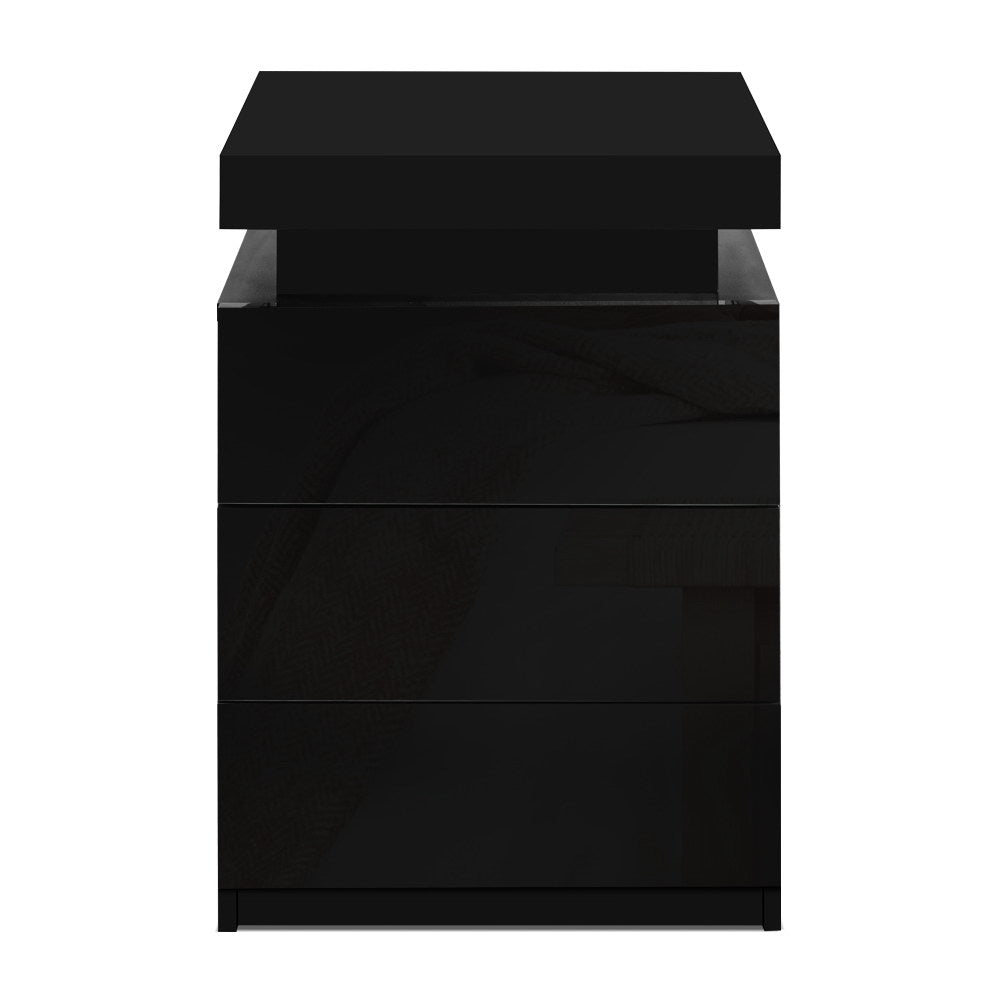 Bedside Table Three Drawers RGB LED High Gloss Black