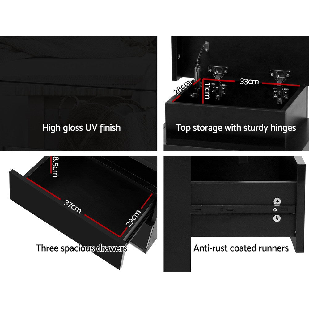 Bedside Table Three Drawers RGB LED High Gloss Black