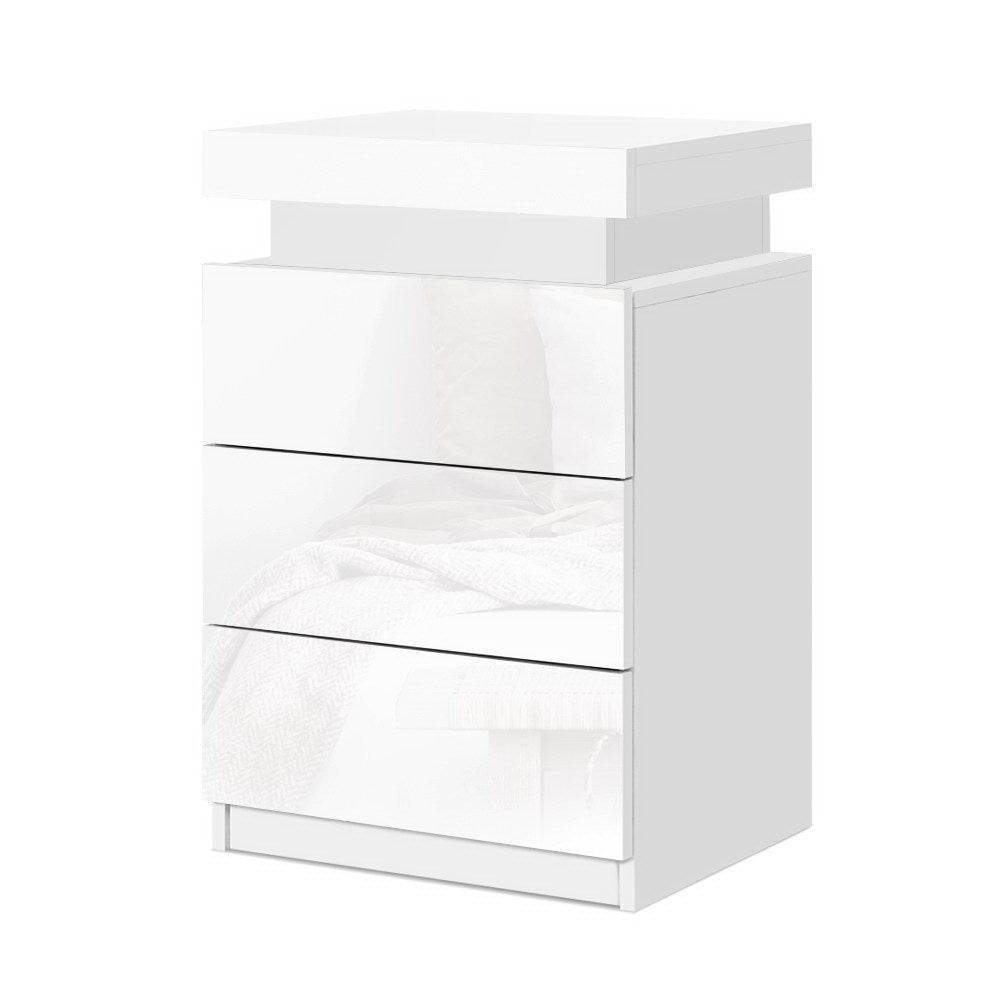Bedside Table Three Drawers RGB LED High Gloss White