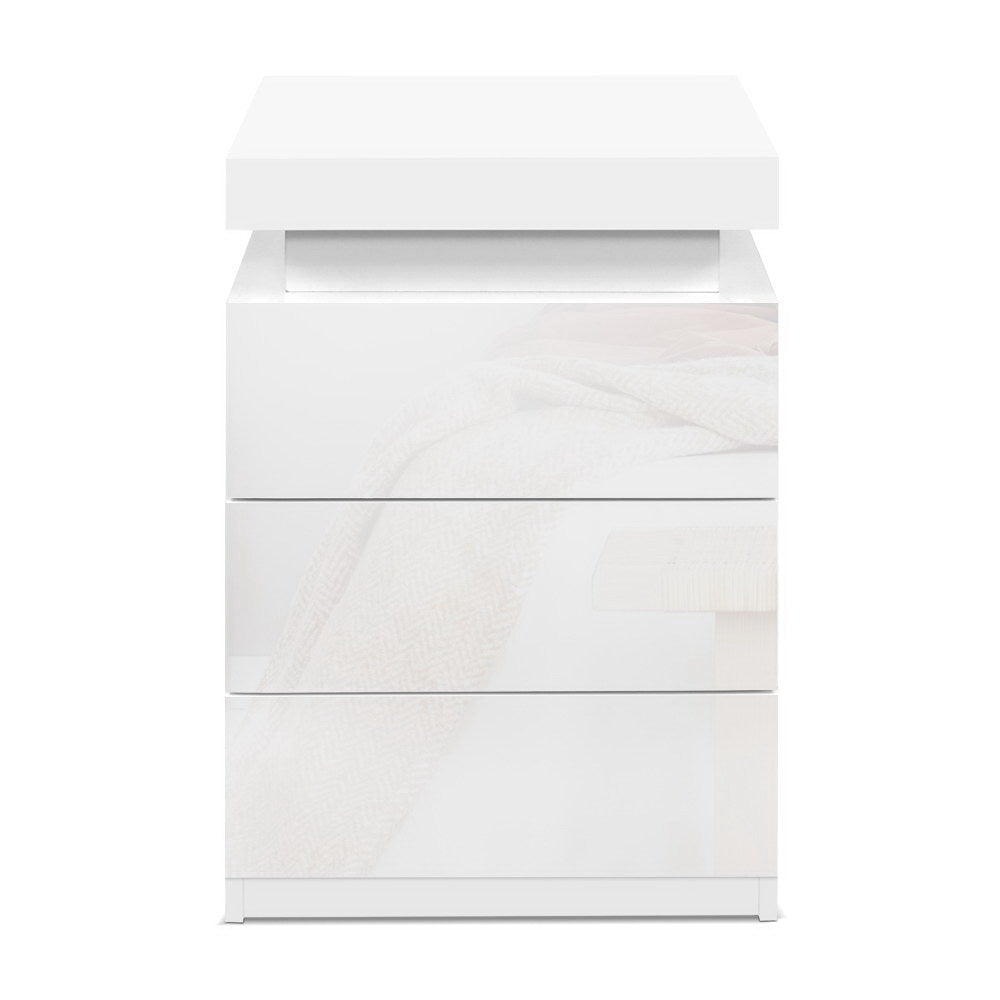 Bedside Table Three Drawers RGB LED High Gloss White