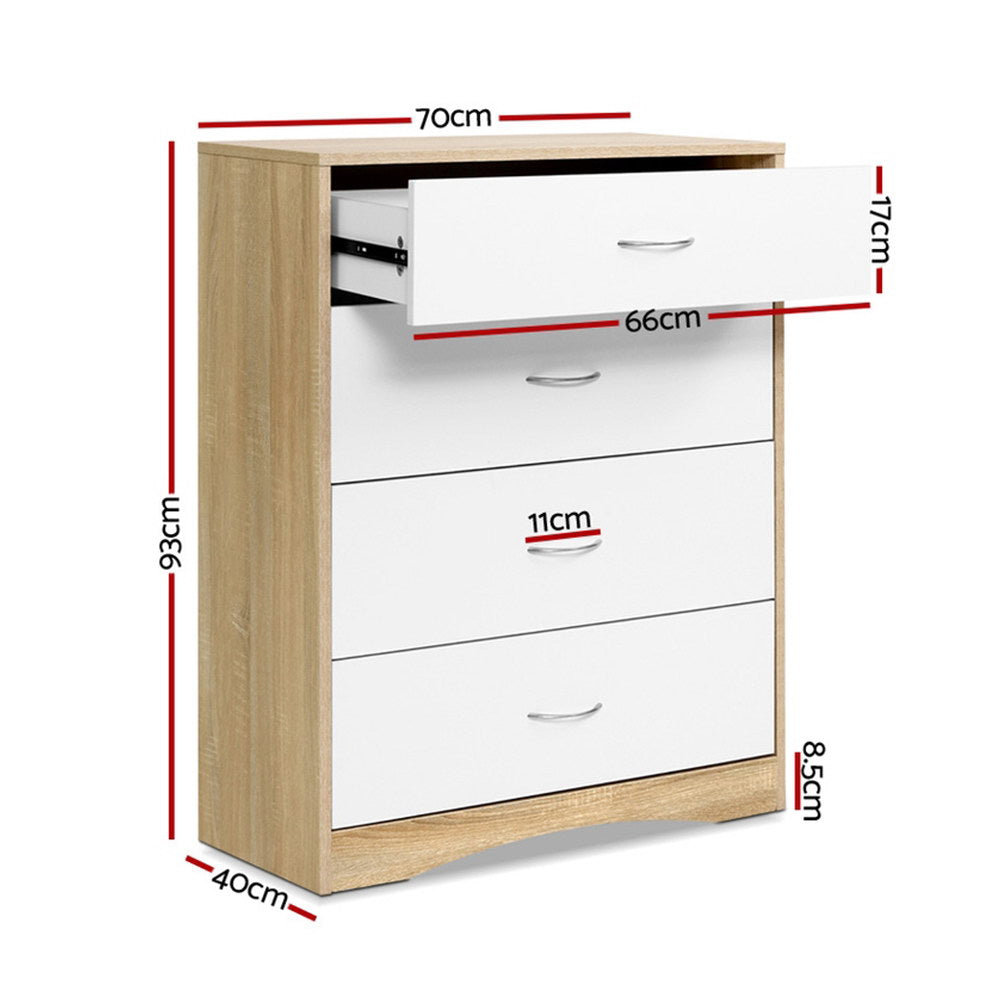 Tallboy With Four Drawers White and Oak Colour