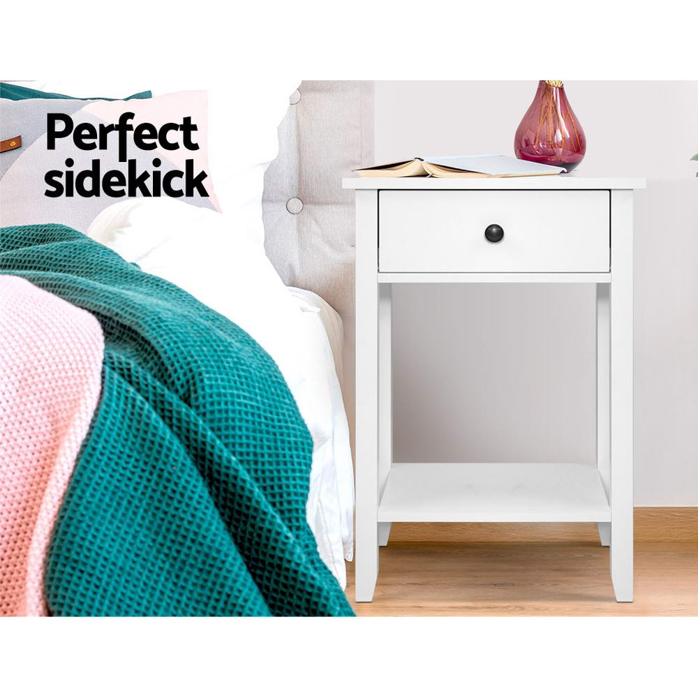 Elegant Bedside Table with Drawer and Shelf - White