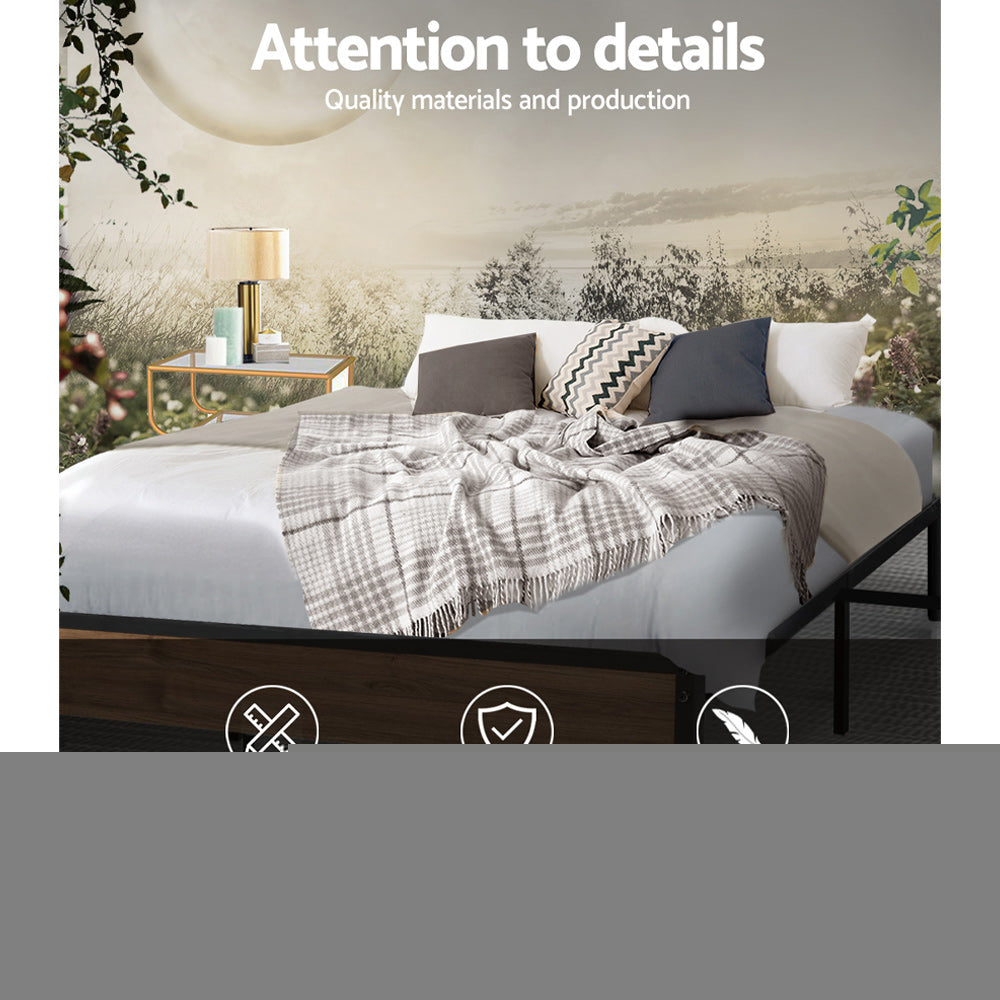 Double Size Bed Frame Metal And Wood - Black