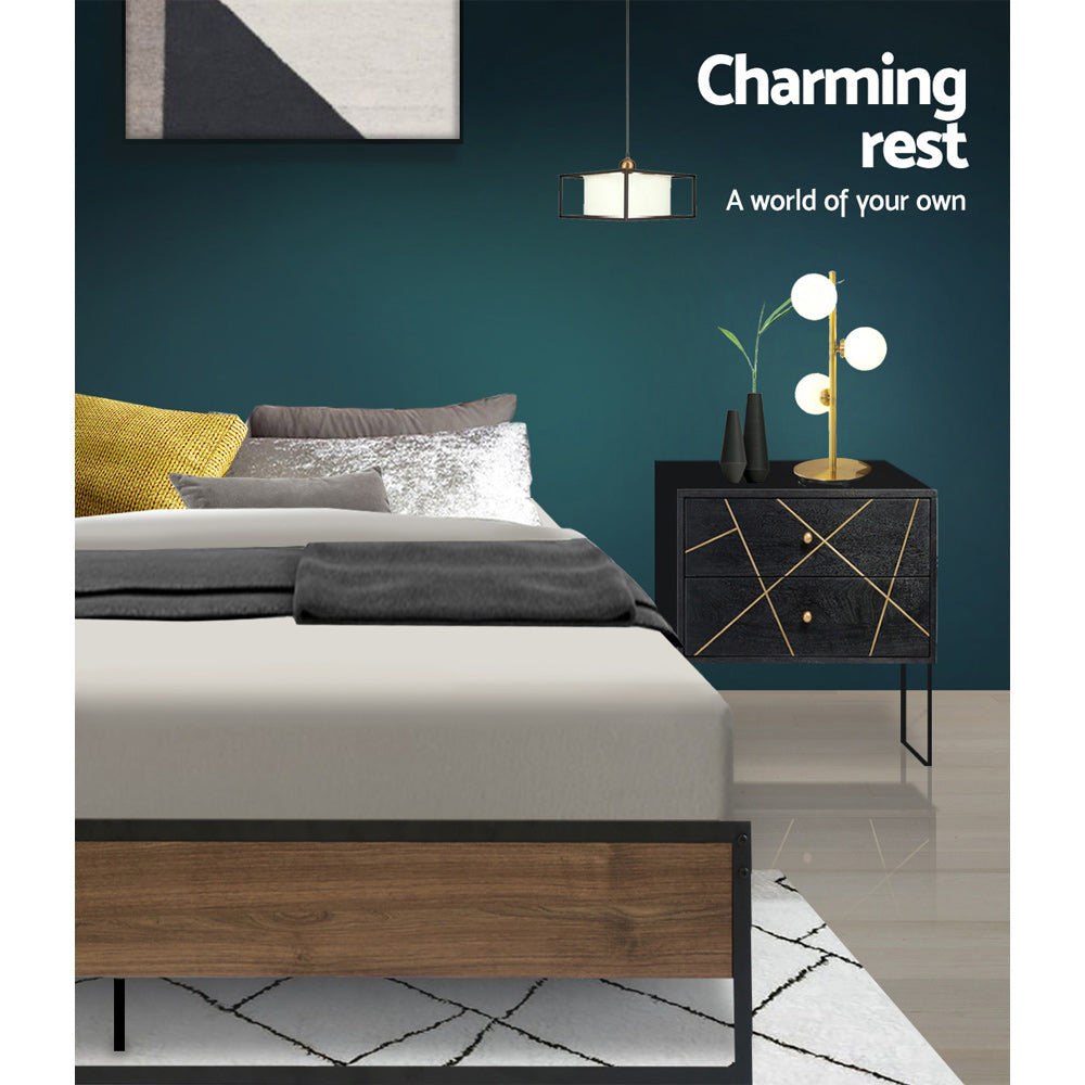Double Size Bed Frame Metal And Wood - Black