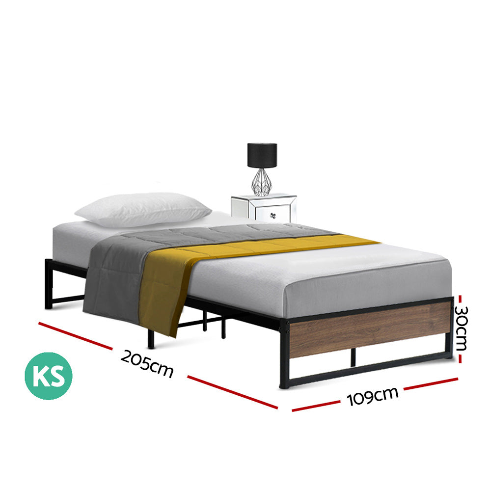 King Single Size Bed Frame Metal With Wooden Base  - Black