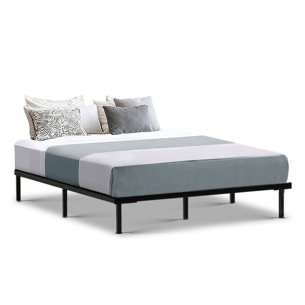 Queen Size Bed Frame Metal and Wood - Black