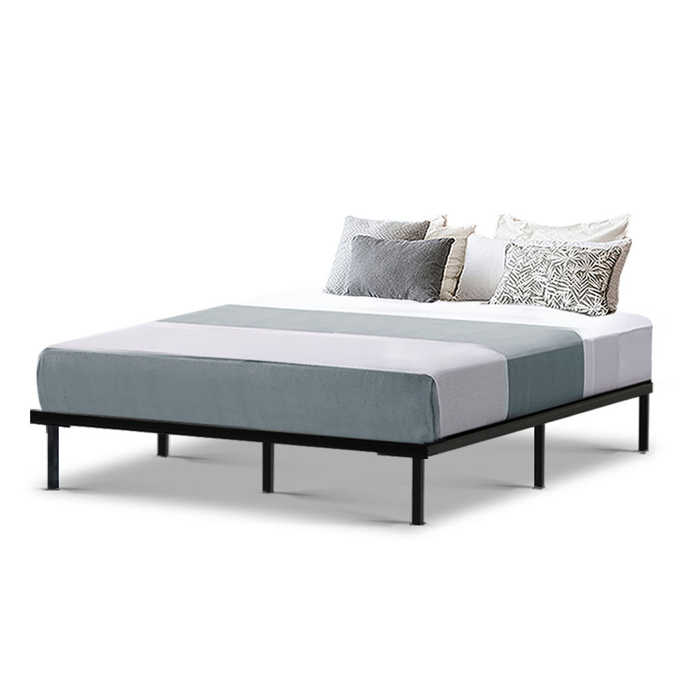 Queen Size Bed Frame Metal and Wood - Black