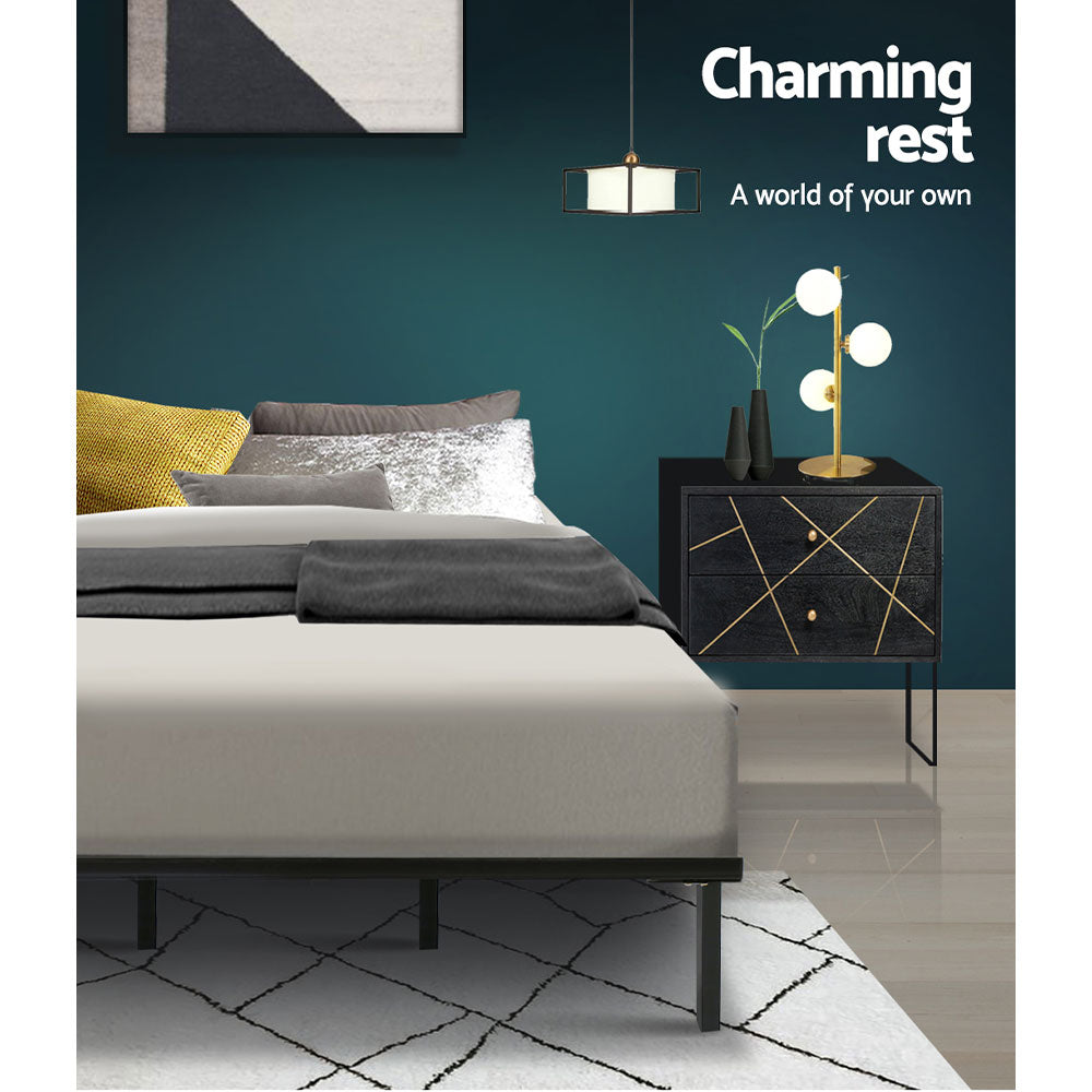 Queen Size Bed Frame Metal and Wood - Black