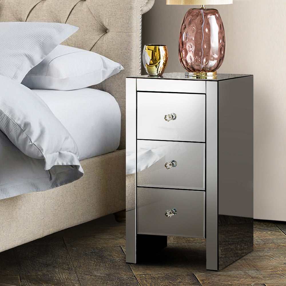 Out of Stock! No Assembly Required! Bedside Table with 3 Drawers Mirrored - QUENN Grey
