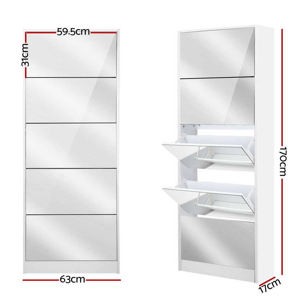 5 Drawer Mirrored Wooden Shoe Cabinet - White