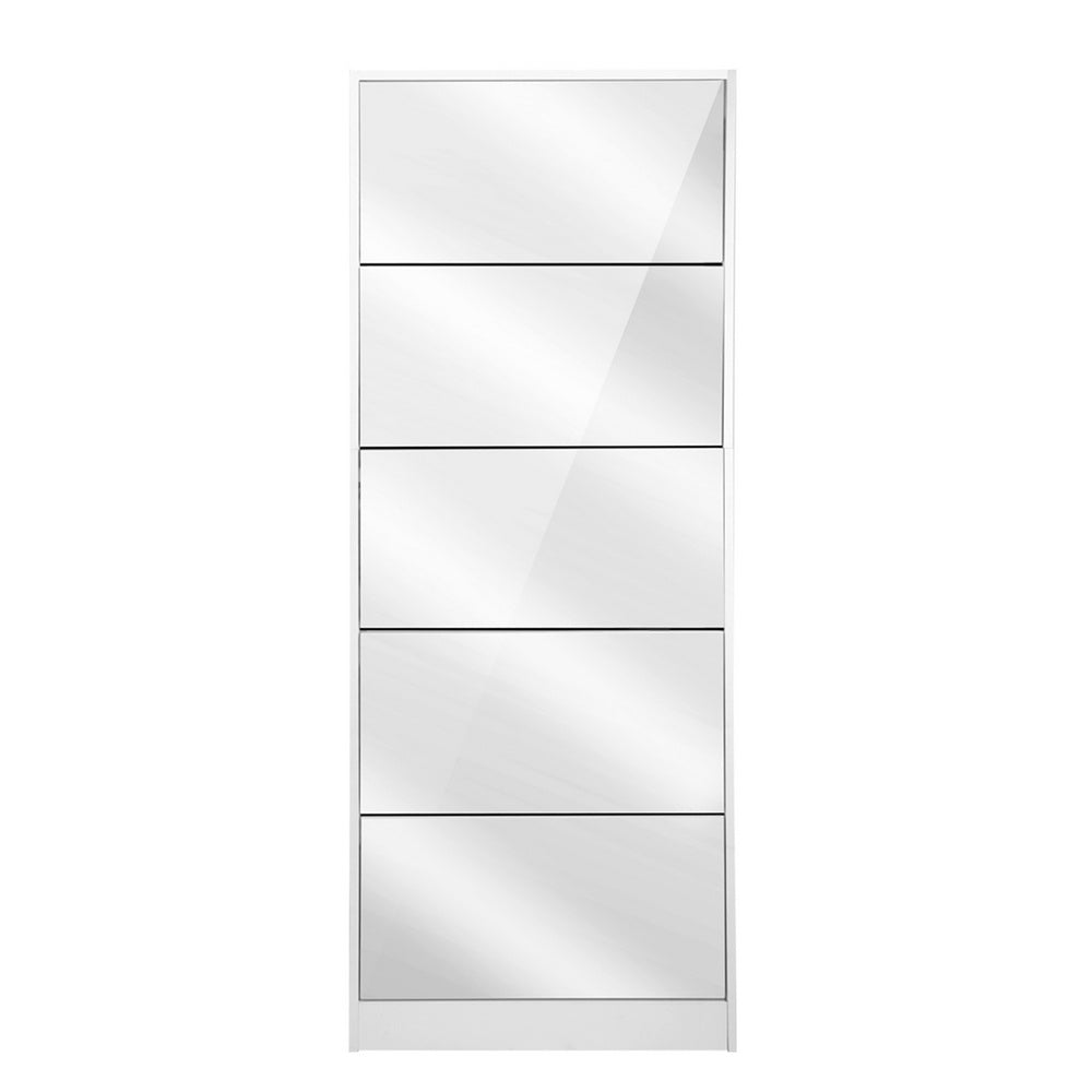 5 Drawer Mirrored Wooden Shoe Cabinet - White