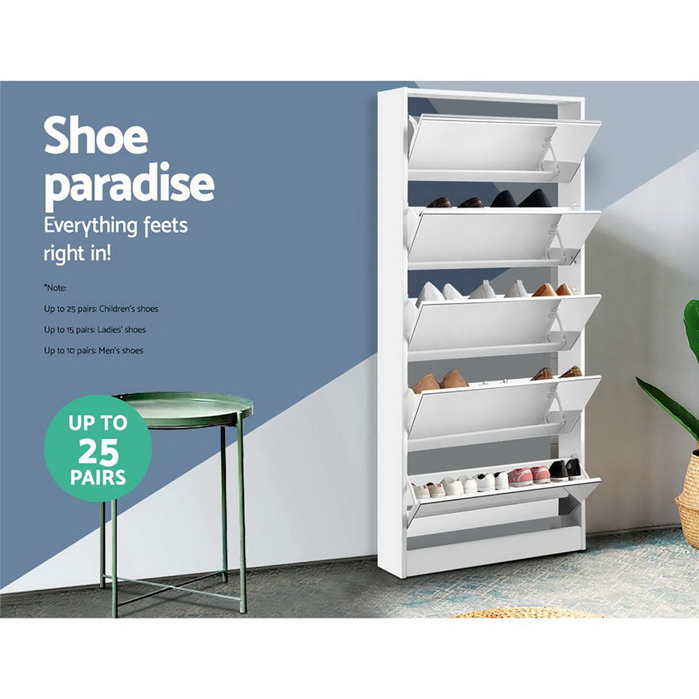 5 Drawer Mirrored Wooden Shoe Cabinet - White