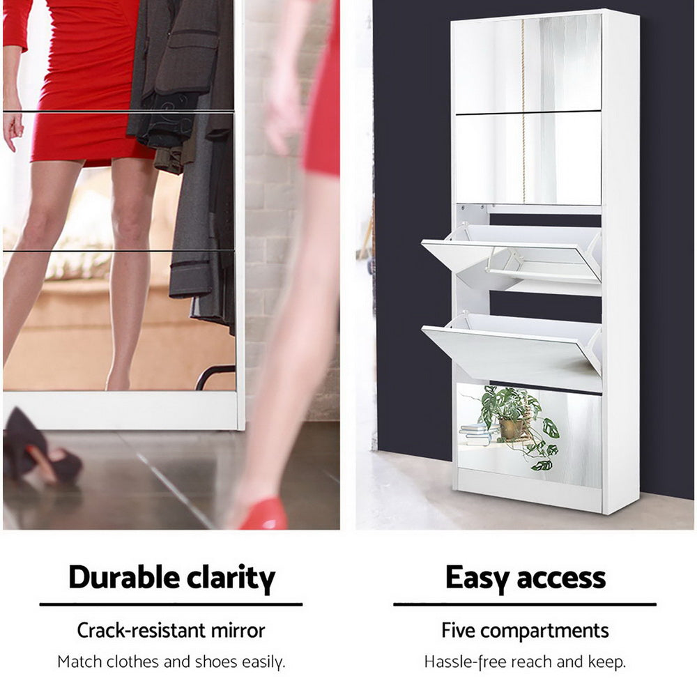 5 Drawer Mirrored Wooden Shoe Cabinet - White