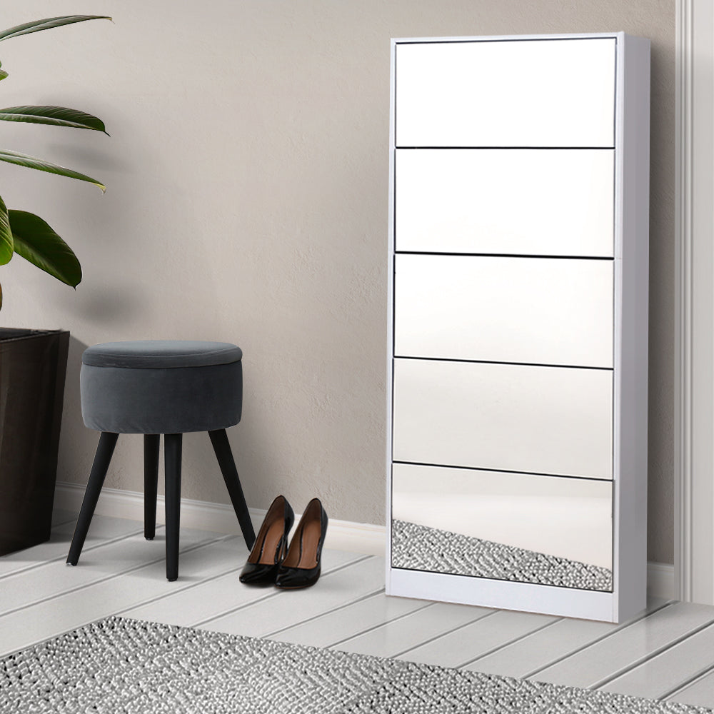 Free Shipping! 5 Drawer Mirrored Wooden Shoe Cabinet - White