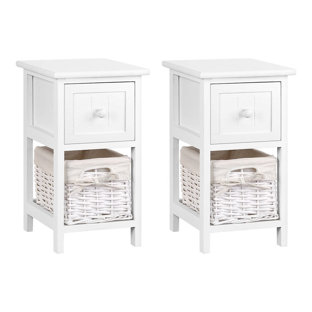 Back in Stock! Set of 2 Bedside Tables with Wicker Baskets - White
