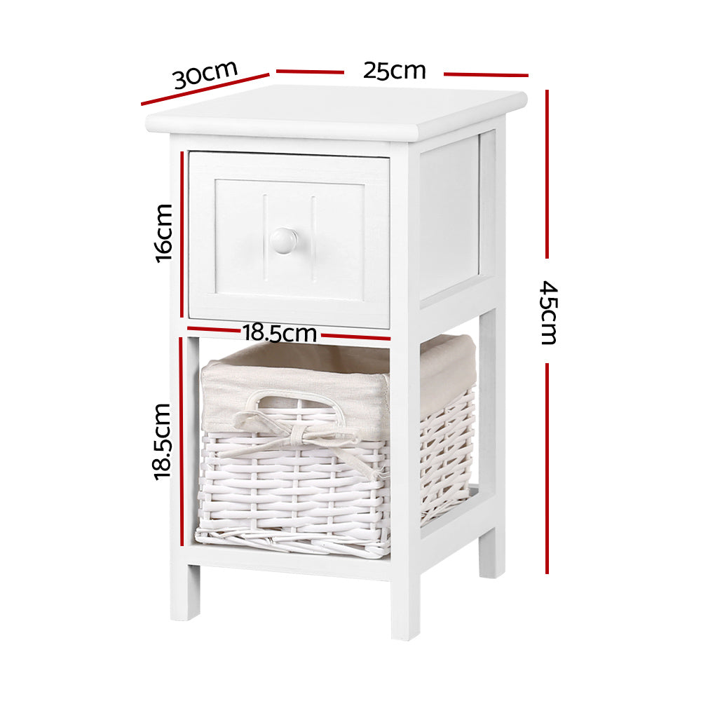 Set of Two Mini Bedside Tables with Wicker Baskets - White