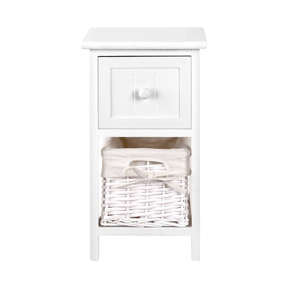 Set of Two Mini Bedside Tables with Wicker Baskets - White